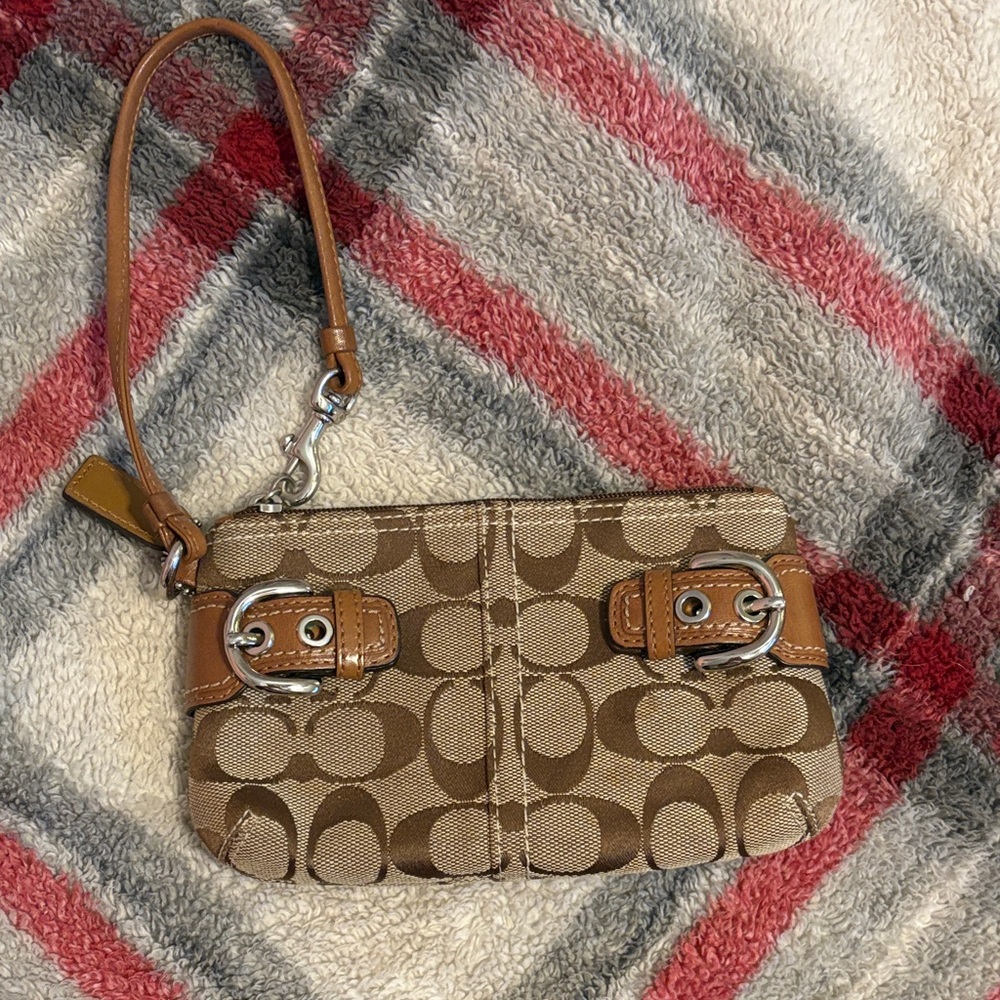 Coach Brown Signature Canvas Wristlet with Tan Leather Trim